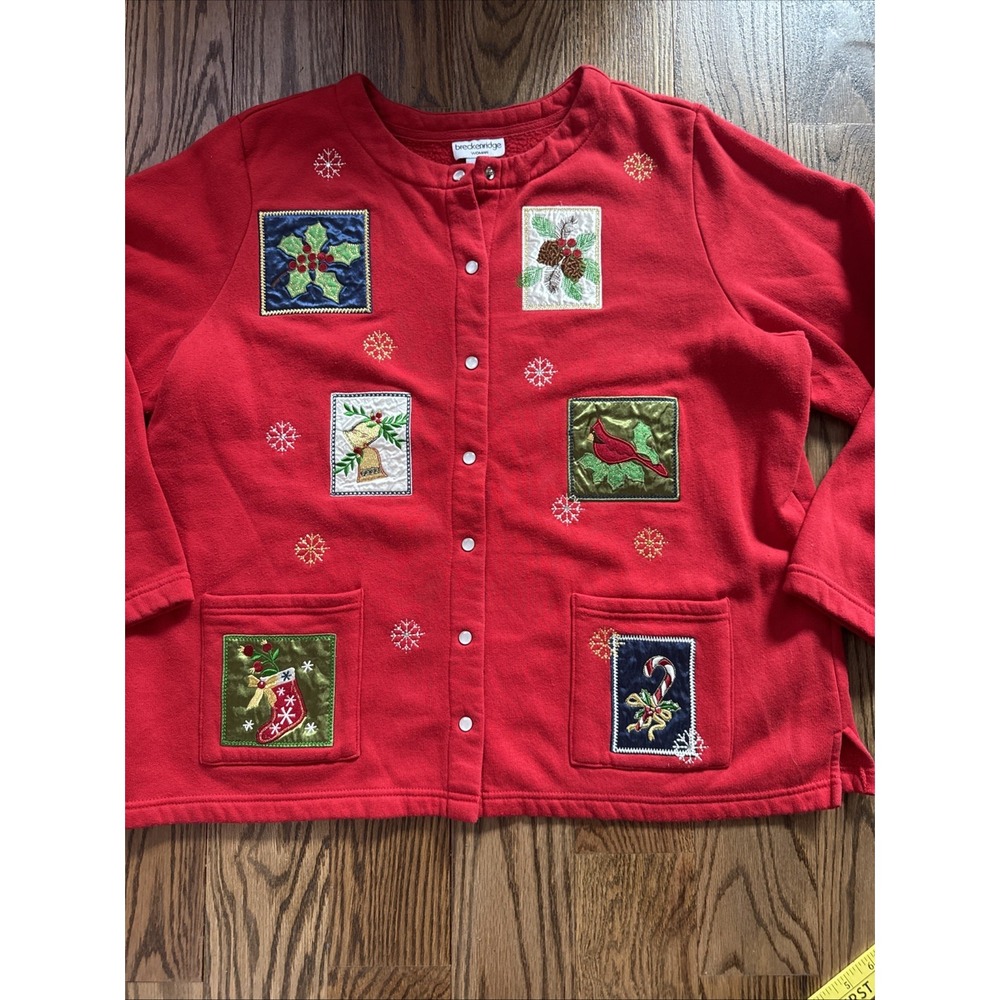 Breckenridge Woman 1X Red Christmas Sweatshirt Cardigan Holiday Snap Front